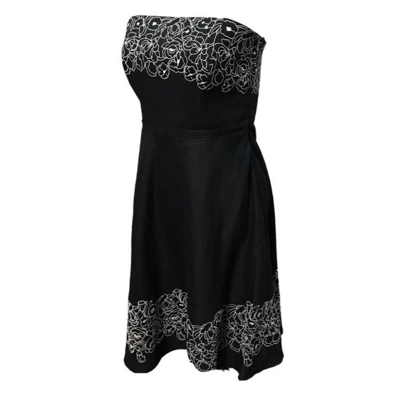 Ann Taylor Black Lined Linen Strapless Floral Embroidered Dress Sz 8 P - Picture 1 of 7
